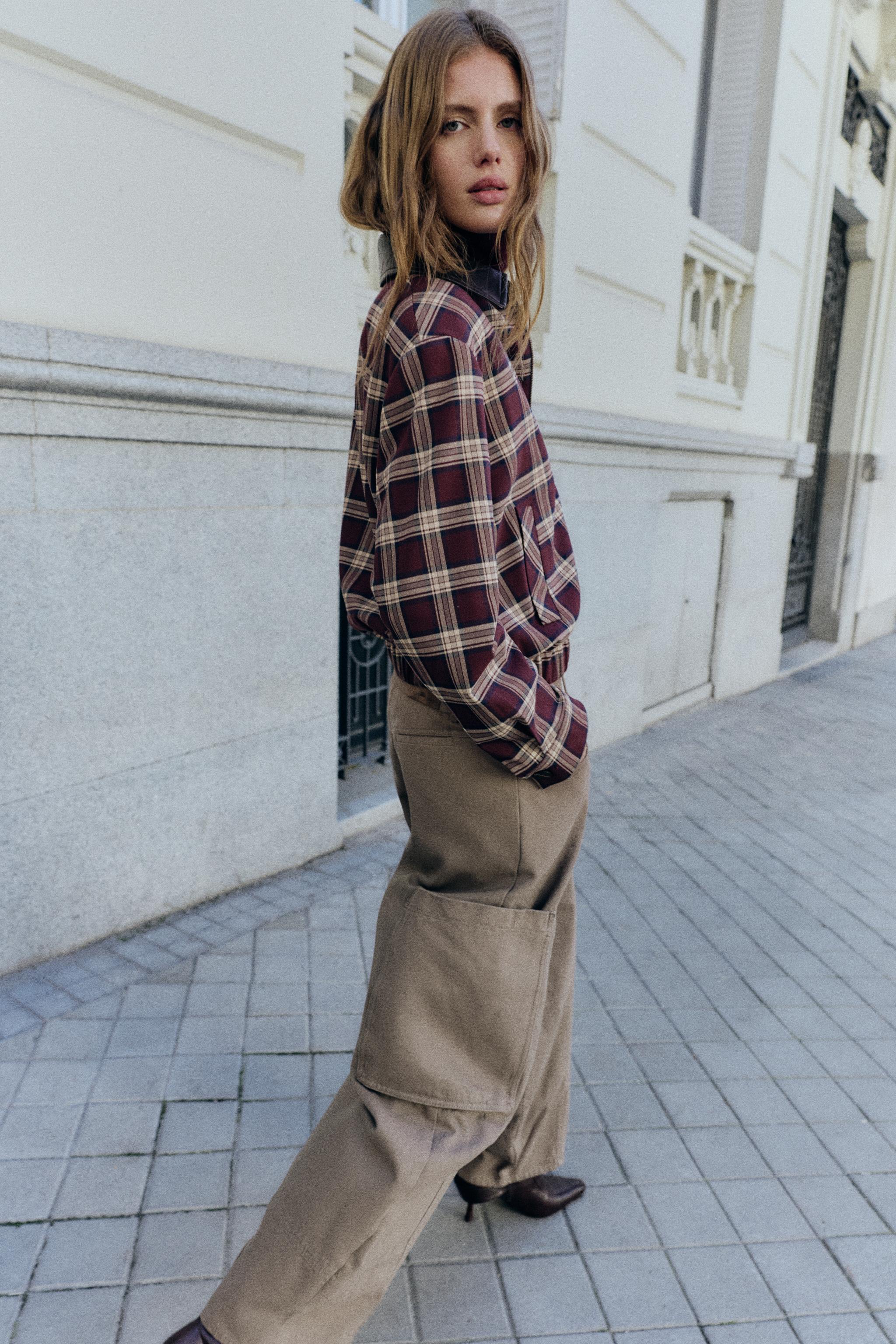 FAUX LEATHER LAPEL CHECK BOMBER JACKET